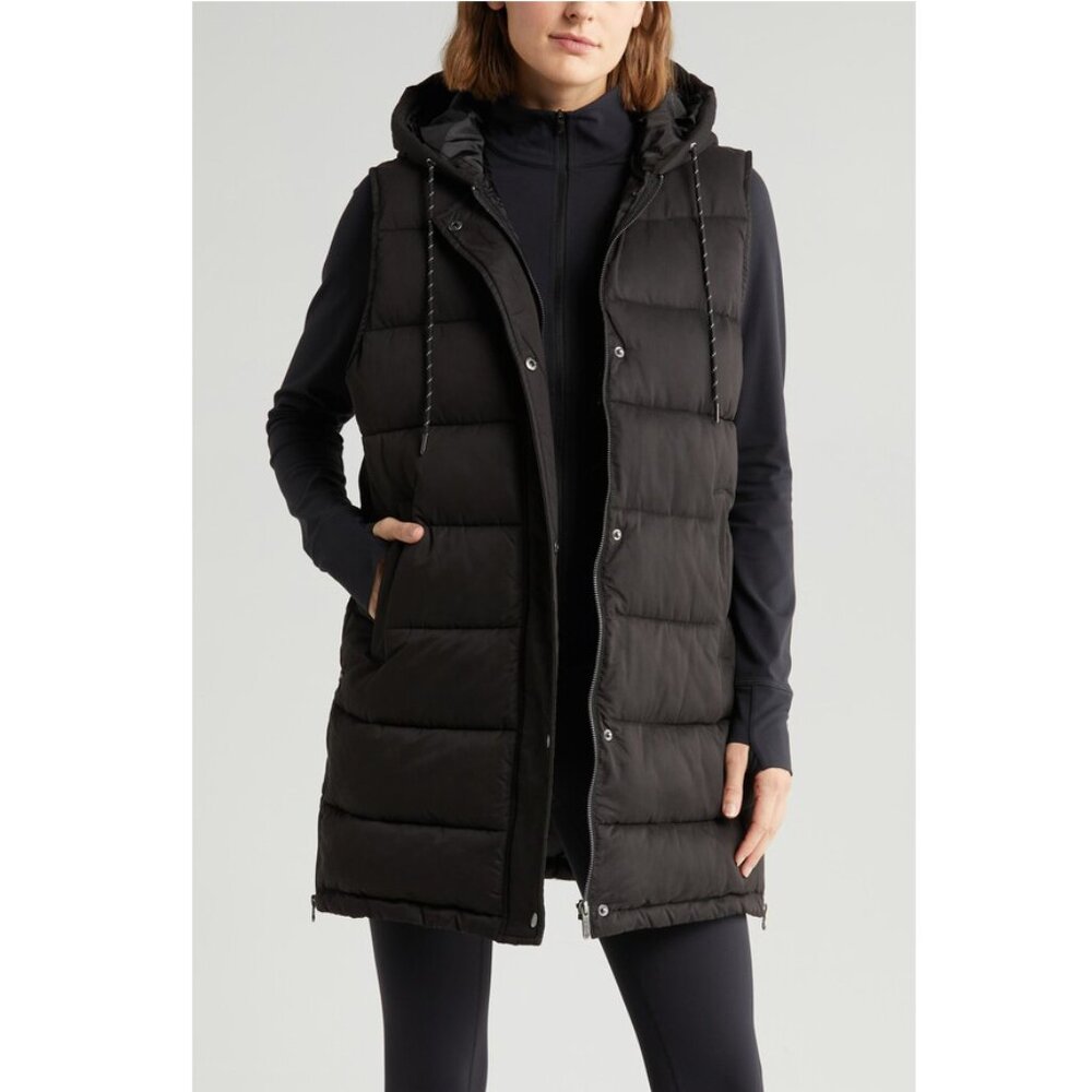 Zella Black Hooded Long Puffer Vest
